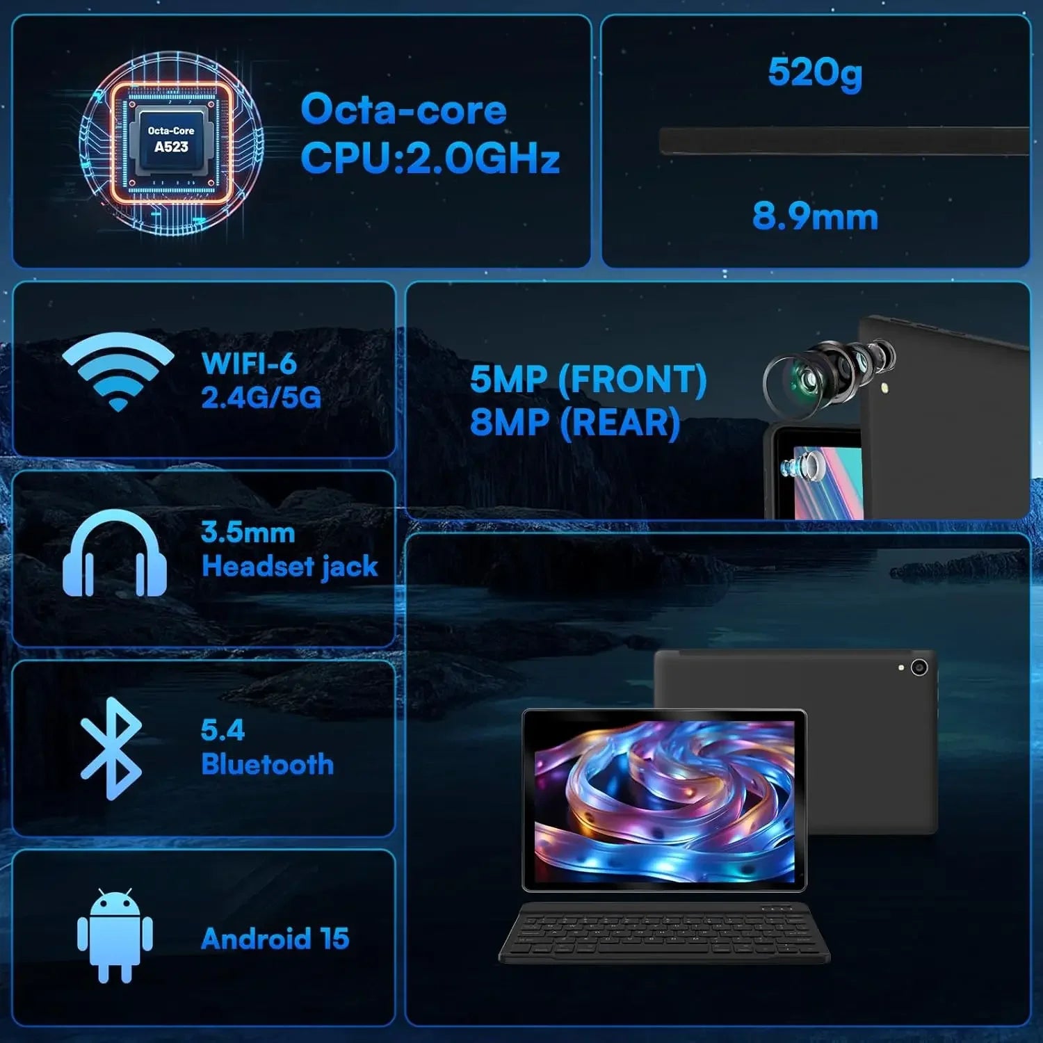 10 Inch Tablet Android 15 24GB+128GB Keyboard Mouse Headphone PC PAD Set