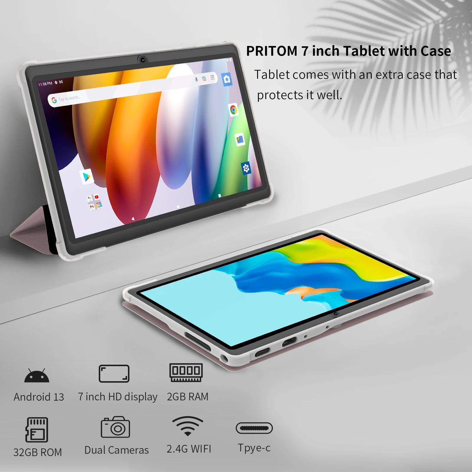 Pritom 7 Inch Quad Core Dual Camera Tablet with Leather Case