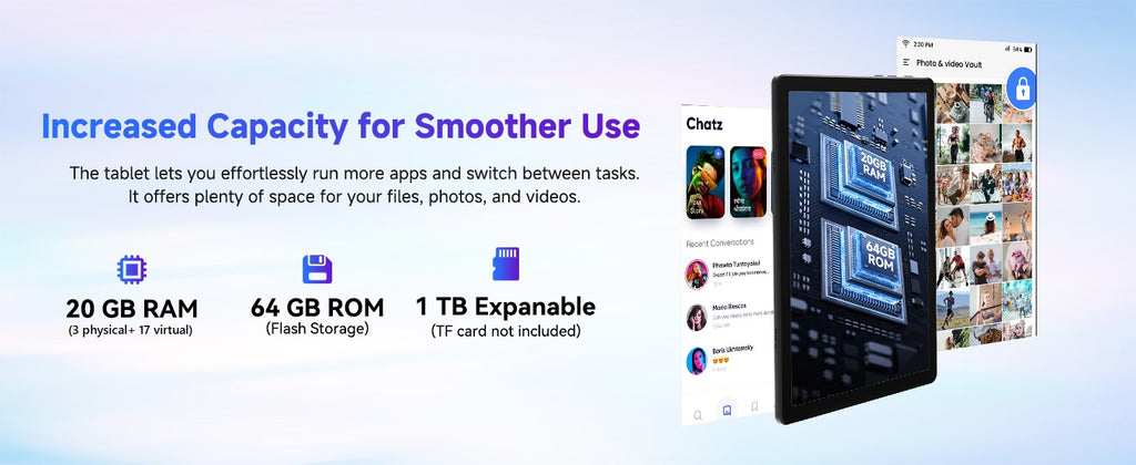 Android 10 Inch 1.8 GH  20GB RAM 64GB ROM 1TB WiFi 6 Bluetooth 5.4 Dual Camera